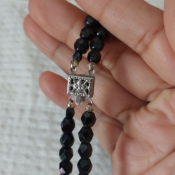 SOLD Vintage Faceted Glass Crystals Necklace with Round Rhinestone Paved Pendant - Picture 5 of 8